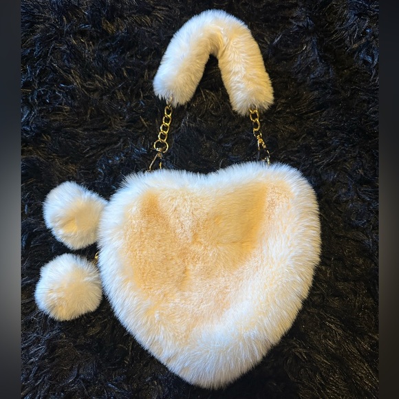 Accessories - Faux Fur Heart-Shaped Handbag with 2 Pom Pom.